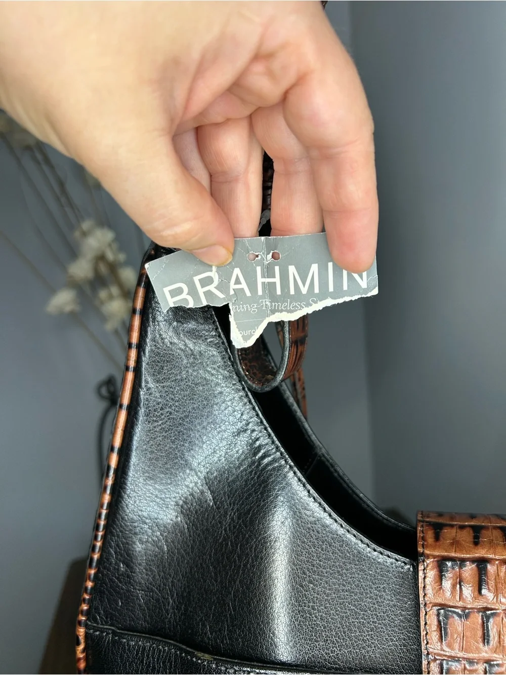 Brahmin Maggie Black Tuscan Croc Embossed Leather Hobo Shoulder Bag